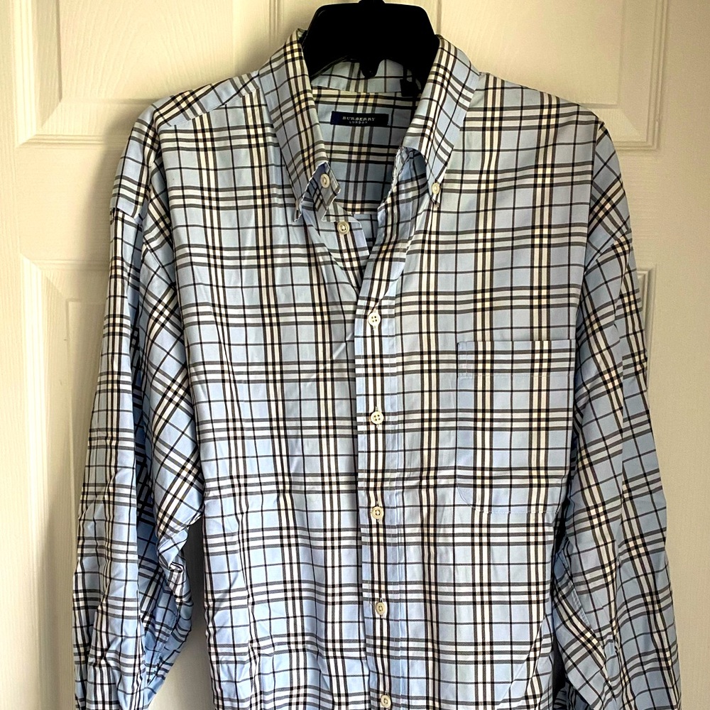 Burberry London mens collared button down shirt. Blue plaid